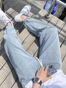 Retro American Washed Denim Jeans Men Summer New Loose Straight Casual Harlan Pants Youth Popular Nine Points Jeans