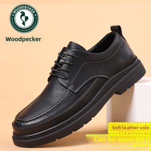 Woodpecker Mens Shoes Casual Leather Slip-On round Toe Soft Bottom Black Business Formal Mens Casual Leather Shoes