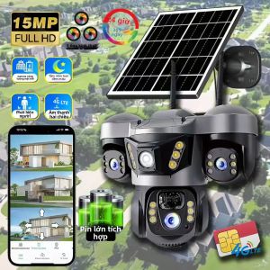 Camera An Ninh Năng Lượng Mặt Trời 4G Độ Phân Giải 15M HD 3 Ống Kính Ngoài Trời Không Dây Tầm Nhìn Ban Đêm 8K Xem Trực Tiếp 360 Độ Phát Hiện Chuyển Động Âm Thanh 2 Chiều