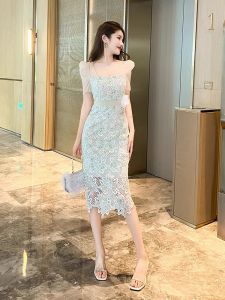 ชุดเดรสยาวปานกลางแขนพองลูกไม้เนื้อละเอียดสไตล์ฝรั่งเศส ทรงเข้ารูป ผ้าไนลอน ฤดูร้อน สำหรับผู้หญิง