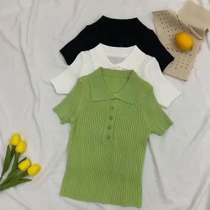 CORE🌟 Summer Polo Collar Knit Top Women Short Sleeved T-shirt Korean Slim Fit Top