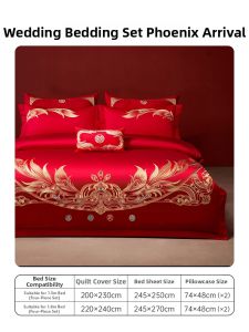 DOHIA | Cotton Red Embroidery Wedding Bedding Set Dragon and Phoenix Motif 4 Piece Set for New Marriage Bedding Queen Size