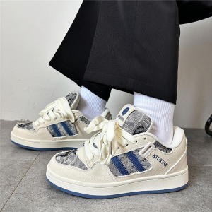 Denim Blue Canvas Breathable Casual Shoes Womens 2024 Autumn New Style High School Students Thick Bottom Versatile Leisure Board Shoes