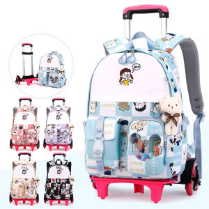 Primary School Students Fashion Girls 6-wheel Trolley School Bag Waterproof Wear-resistant Large-capacity Detachable Shoulder Bag Backpack