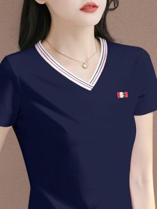 Pure Cotton V-Neck Short Sleeve T-Shirt Womens Summer New Style Solid Color Versatile Slimming Top Korean Style Commute