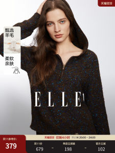 ELLE Womens Deep Brown Color Dot Woolen Knitted Hat Sweatshirt Soft Cozy Retro Style Winter New Arrival Long Sleeve Zipper