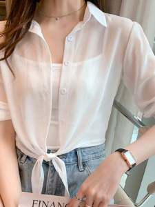 เสื้อเชิ้ตผู้หญิงแขนสั้นคอเหลี่ยมแขนกุดสไตล์เกาหลีฤดูร้อน 2021 เสื้อคลุมกันแดดบางๆ เสื้อคลุมกันหนาวแบบสวมคอวี