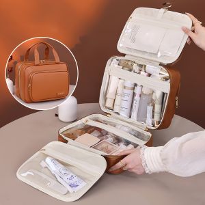 New PU Leather Hanging Cosmetic Bag For Women Portable Storage Makeup Organizer Large Capacity Travel Toiletry Storage Bags