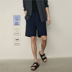 Giordano Casual Shorts Men Summer New Elastic Waist Twill Linen Cotton Pants Straight Leg American Casual Pure Color