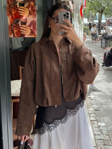 Vintage Womens Suede Bomber Jacket Solid Long Sleeves Lapel Zipper Coats 2025 Autumn Chic Streetwear Casual Lady Outwear