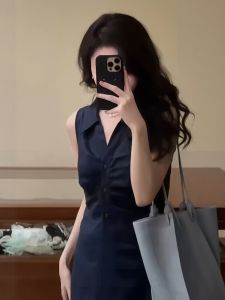 VKSOD | Summer Fashion High Waist A-Line Sleeveless Womens Dress Elegant Design French Style Midi Dress Zipper Closure V-Neck Long Dress