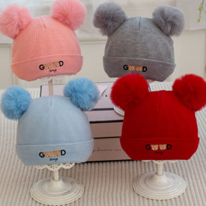 หมวกไหมพรมปอมปอมปอมบีนนี่ขนสัตว์การ์ตูนรูปหมีสำหรับเด็กสำหรับเด็กหัดเดินถักฤดูใบไม้ร่วงฤดูหนาวหมวกให้ความอบอุ่นสำหรับเครื่องป้องกันหูเด็กทารกแรกเกิด