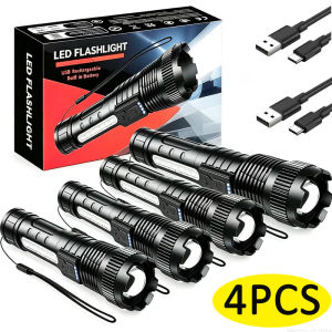 4Pack Ultra Bright Multifunctional LED Flashlight Rechargeable Zoom Camping Torch Light - Adjustable Focus Suitable for Hiking