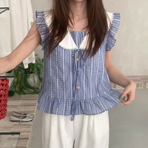 Áo Sơ Mi Nữ Cổ Thuyền Phong Cách Ngọt Ngào Mùa Hè Mới Tay Áo Bay Thắt Nơ Kẻ Sọc Dáng Rộng Thường Ngày Chất Liệu Khác Tay Áo Không Tay Áo Dài Thường