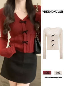 Christmas Theme Red Knitted Sweater Womens Style Slim Fit Short Design Butterfly Knot Autumn Winter Fashion Top Korean Style