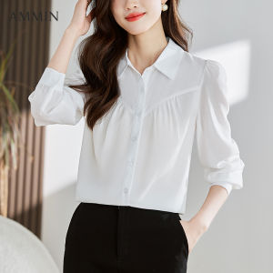 AMMIN Korean style lapel commuter single-breasted cardigan long-sleeved chiffon shirt woman 2023 autumn new personality splicing simple white OL elegant blouse