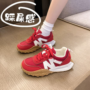 Red Thick Bottom Heightening Sports Casual Shoes for Women 2025 New Style round Toe Cross Buckle Net Lining PU Upgraded Version