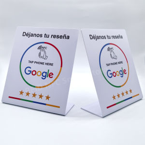 Déjanos tu reseña 13.56Mhz programmable Google Review Card NFC station table NFC Google Reviews display card standing