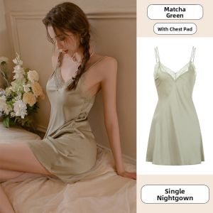 CHENGCHE | Small Breast Padding Elegant Lace Strap Ice Silk Pajama Dress