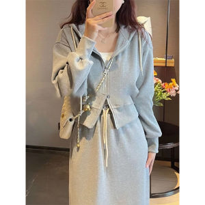 Autumn Clothing Matching a Whole Suit Womens Fashion Casual Hooded Sweatshirt Skirt Denim Casual Wear Match Preppy Style Two-piece Set