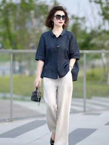 เสื้อเชิ้ตคอโปโลผ้าฝ้ายทรงหลวมสำหรับผู้หญิง ชุดกางเกงขายาวทรงหลวมสไตล์ย้อนยุคฤดูร้อนปี 2025 เสื้อเชิ้ตและกางเกงขายาว