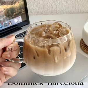 Sweet Belly แก้วกาแฟใส 350ml ไฮคลาส ถ้วยน้ำรูปฟักทอง ถ้วยเครื่องดื่ม ลายทางแนวตั้ง Coffee cup