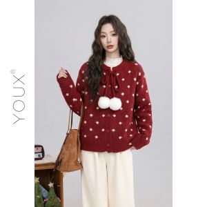 YOUXIANG | Áo Sweater Màu Đỏ Đậu Đỏ Winter với Chấm Bi Mềm