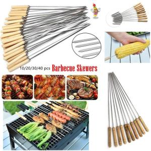 Stainless Steel Barbecue Skewers Needle Meat Vegetable Sticks Reusable Kabob Skewer with Wood Handle