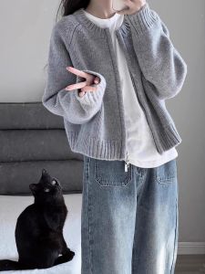Gray Short Knitted Sweater Coat Womens Early Spring 2025 New Loose Zipper Open Cardigan Long Sleeve Knitted Top
