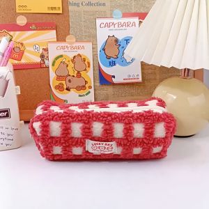 Warm plaid pencil case plush large capacity junior high school girls pencil case Korean style ins style elementary school student stationery bag