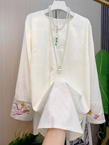 New Spring 2025 Womens round Neck Top Chinese Style National Trend High Waist Slimming Long Sleeve Mid-Length Commute Korean Style