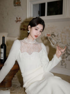 Chuqing Independent French Style White Goddess Stand Collar Lace Knitted Top Womens Slim Fit Base Layer Autumn Long Sleeve