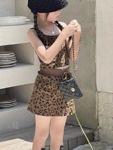 Girls Summer Outfit Leopard Print Mini Dress Two Piece Set Trendy Childrens Clothing Short Skirt Casual Wear for Kids