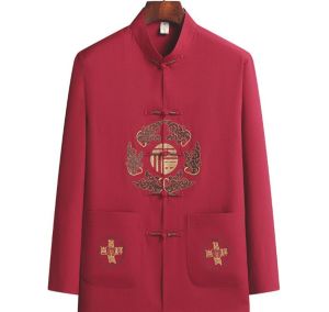 เสื้อถังสไตล์จีนแดงสำหรับผู้ชายตรุษจีน - สีดำและรูปเป็นปัญหา เสื้อเชิ้ตลำลองทางการผ้าไอซ์ซิลค์