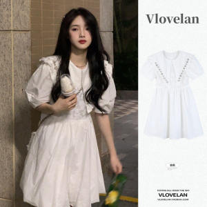 Sweet French Style Summer New White Doll Collar Bubble Sleeve Beautiful Dress A-Line Silhouette High Waist Short Sleeve Long Dress
