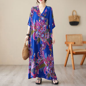 Summer Loose Fit V-Neck Cotton Silk Dress Plus Size Casual Viscose Beachwear Retro Long Dress for Women