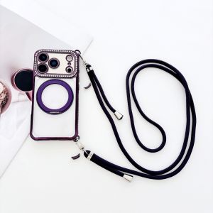 Diamond Magnetic Case For iPhone 17 Pro Max 16 14 13 15 Plus Crossbody Lanyard Strap Detachable 360 Ring Holder Acrylic Cover