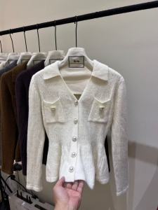 French Style Knitted Sweater Coat Short Sleeve Polo Collar Long Sleeve Autumn Winter New Style Waist Inward Floral Edge Womens Top