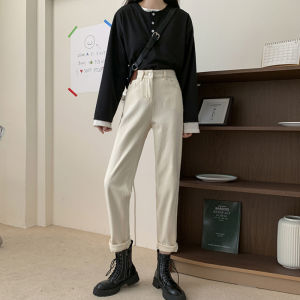 Quần Jeans Denim Ống Thẳng Cạp Cao Lớp Lót Lông Cừu Quần Harem Cho Nữ Thu Đông Ôm Dáng Quần Jeans Denim