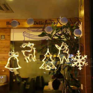 Christmas Window Decor Hanging Warm White Light Snowflake Tree Star Deer Shaped LED Sucker for Xmas Tree Fireplace Indoor Decor