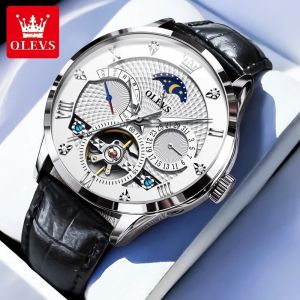 OLEVS | OLEVS 6652 Nam Cao Cấp Cơ Tự Động Đồng Hồ Skeleton Bánh Đà Dây Da Pha Mặt Trăng Lịch Tuần Chống Nước