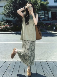 LIRUSHAN | Two-piece Summer Set Dress Green Tank Top Flower Printed Long Dress