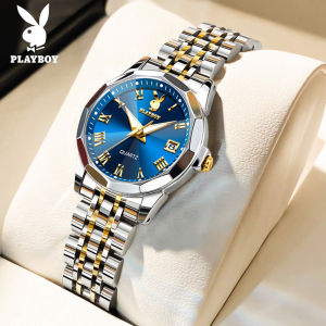 PLAYBOY Watch For Women Original Waterproof Elegant Korean Style Casual Stainless Steel Dual Calendar Display Luminous Gift For Girlfriend
