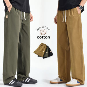 High Quality Spring Autumn 100% Cotton Casual Pants Men Elastic Waist Loose Straight Khaki ArmyGreen Trousers Male M-4XL