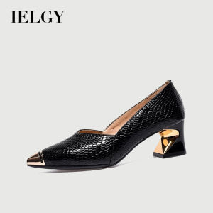 IELGY Metal Pointed Toe Pumps Womens French Block Heel Leather Shoes