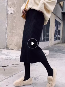 AN-3288 Knitted Pencil Skirts For Women 70CM Length Plain Thick Slit Skirts Midi Skirts Casual Skirts Office Ladys