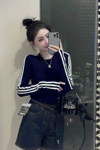 Slim Fit round Neck Long Sleeve T-Shirt Women Base Shirt Fashionable Versatile Striped Commute Simple Style Cotton Blend Top