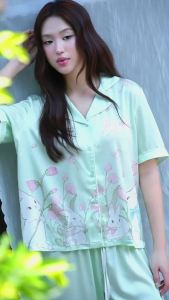 Bộ Pijama Lụa Nữ Tay Ngắn Thiết Kế Bunny Màu Xanh Lá – Đồ Ngủ Pyjama Thiết Kế Sang Trọng ELRever - 0425S33