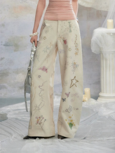 Unifree | Beige Hand-painted Graffiti Straight Leg Loose Casual Pants