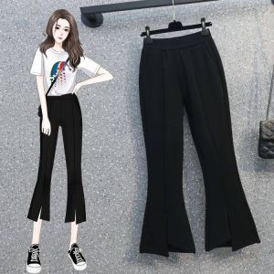 plus Size Elastic Ice Silk Asymmetrical Slit Seven-Foot Micro Flared Pants Women 200 Pounds Small Size Belly Conceal Slim Eight-Piece Pants